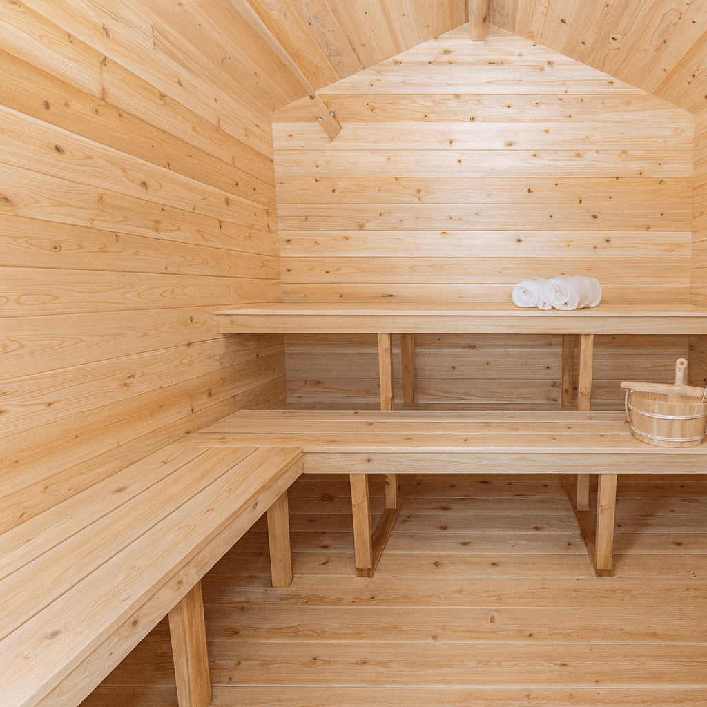 Cozy interior of an outdoor wooden sauna with wooden benches and towels ready for use