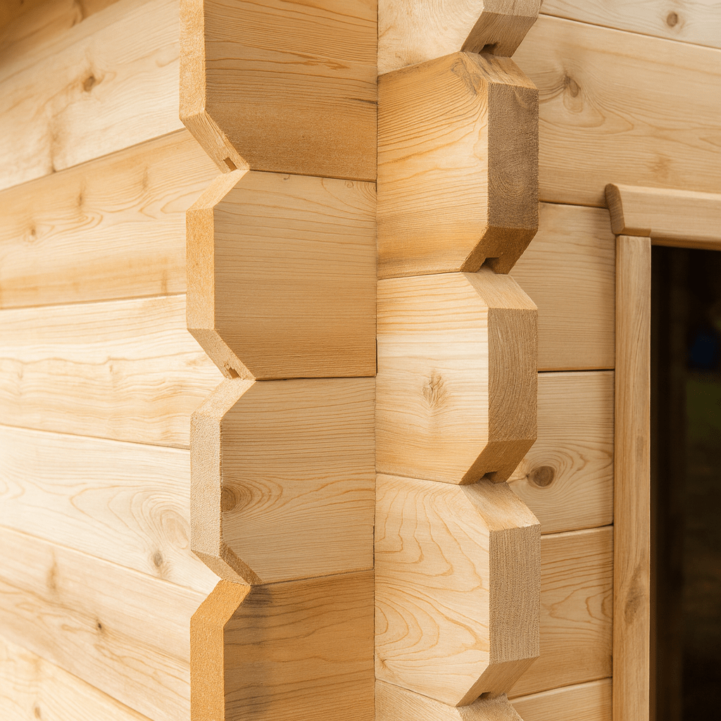 Close-up of the wooden structure of a Leisurecraft outdoor wooden sauna showcasing its craftsmanship