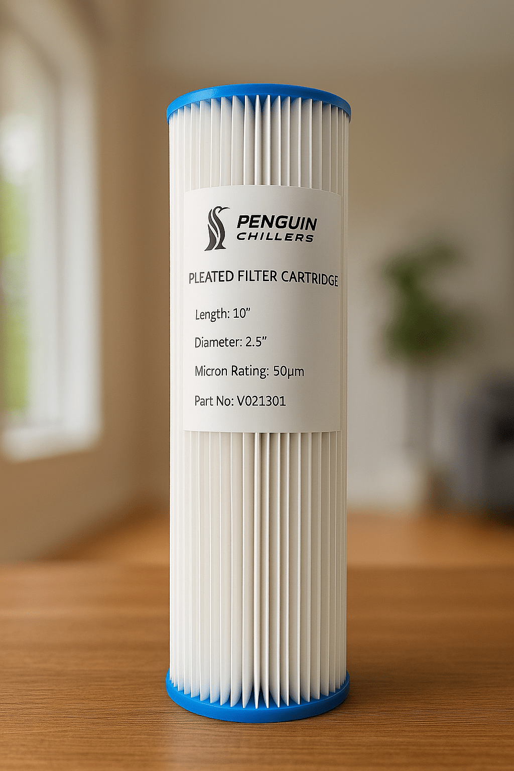 Penguin Chillers filter cartridge with pleated design, 10-inch length and 2.5-inch diameter