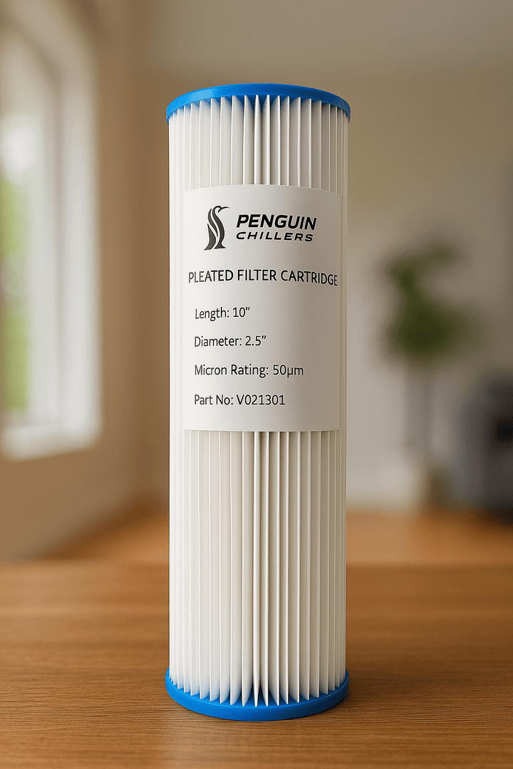 Penguin Chillers filter cartridge with pleated design, 10-inch length and 2.5-inch diameter
