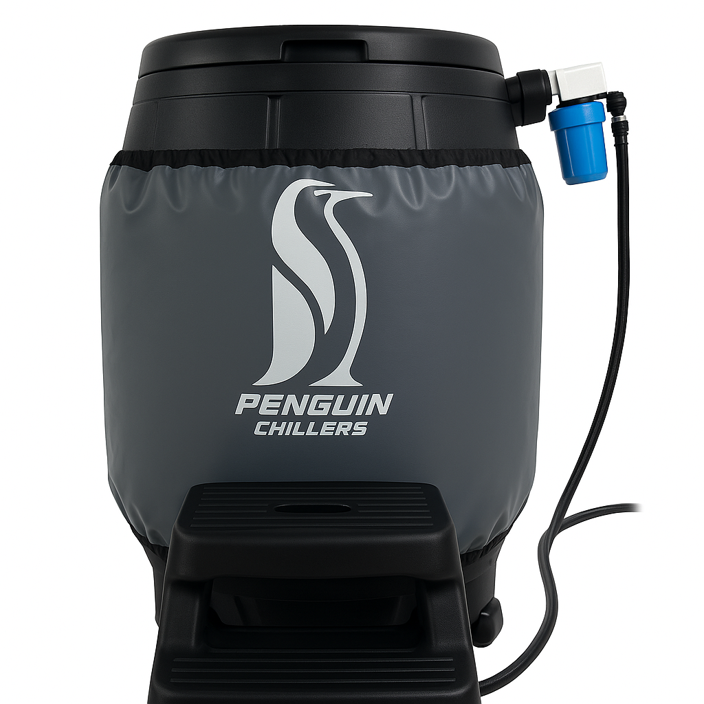 Penguin Chillers insulated barrel wrap on dark gray keg cover with tap hose and dispensing foot pedal