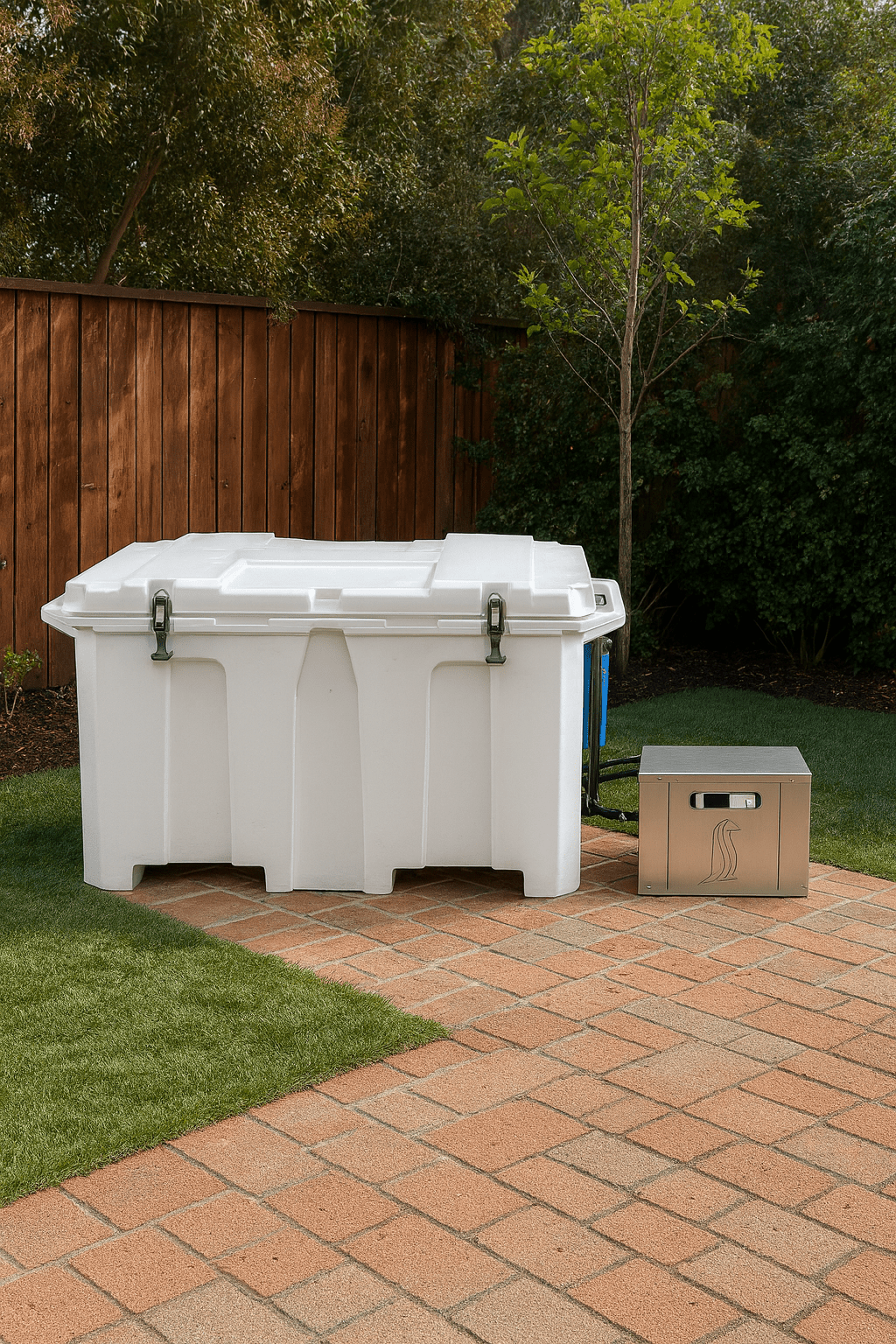 Penguin Chillers cold therapy chiller tub in backyard with modern design and efficient cooling system