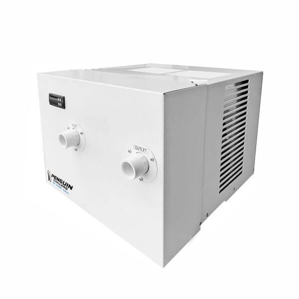 Penguin Chillers high efficiency water chiller unit in white with inlet and outlet connectors