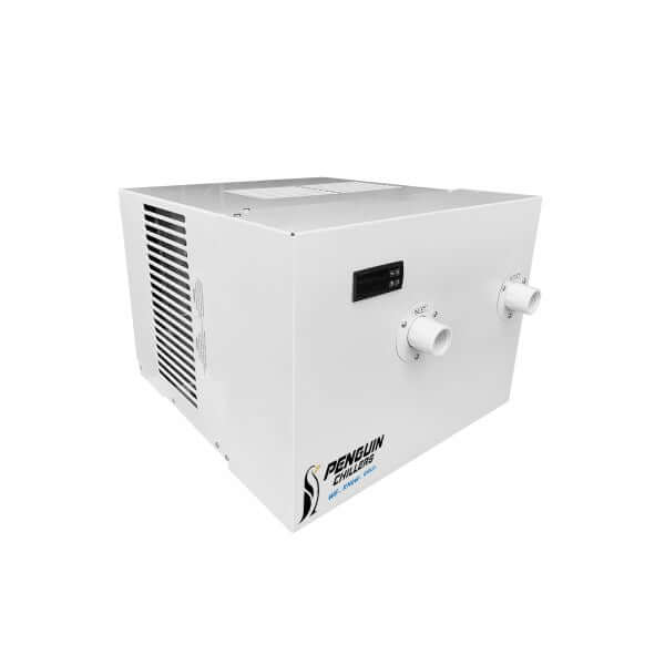 Penguin Chillers high efficiency water chiller in white with digital display and pipe connections