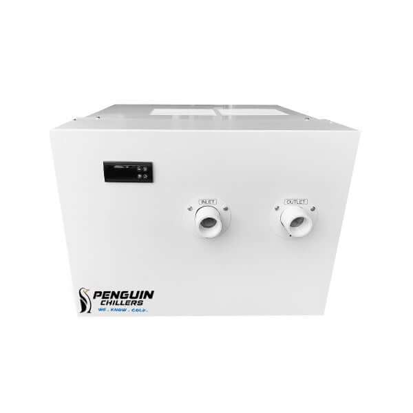Penguin Chillers white home spa water chiller with inlet and outlet ports front view