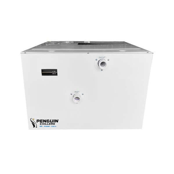 Penguin Chillers home spa water chiller in white with inlet and outlet ports for efficient cooling