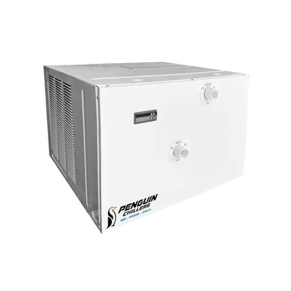 Penguin Chillers home spa water chiller in white with control knobs and ventilation panels
