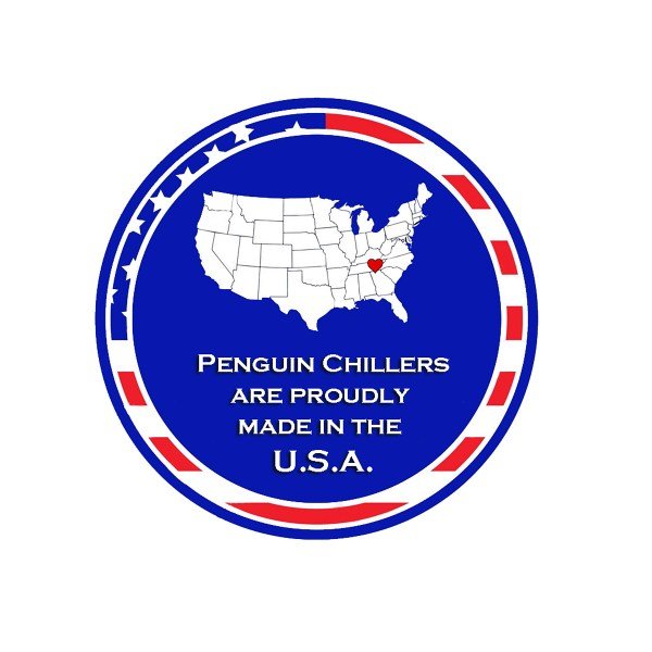 Penguin Chillers Proudly Made in the USA logo with map featuring a heart icon