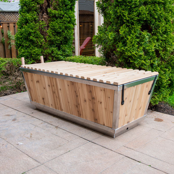 Leisurecraft Polar Plunge Tub for sale, featuring wood and stainless steel design for outdoor relaxation