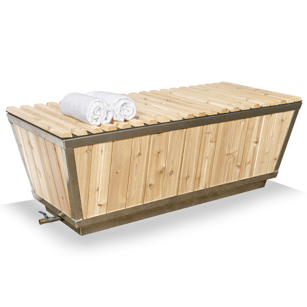 Leisurecraft Polar Plunge Tub for sale with a wooden exterior and rolled towels on top