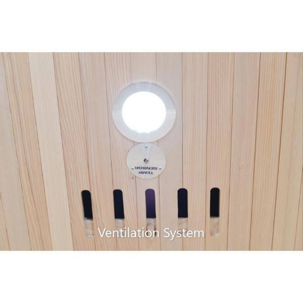 Close-up of ventilation system in SunRay traditional 2-person outdoor sauna with wooden interior