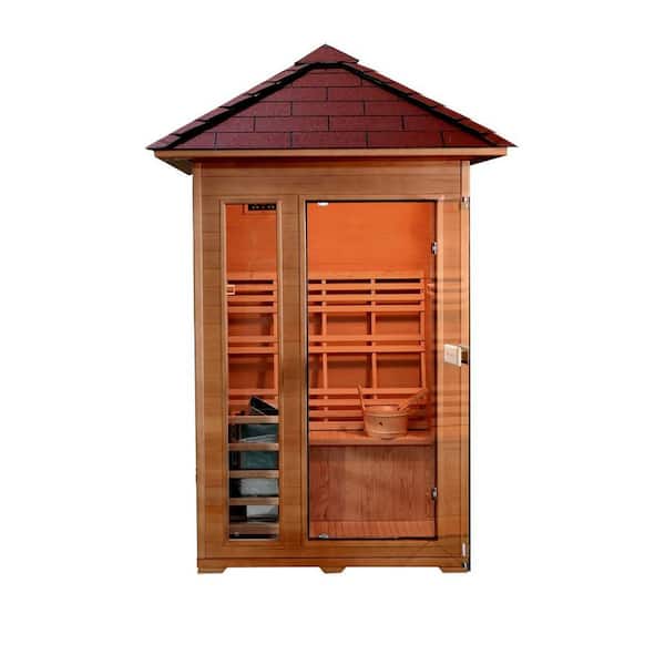 SunRay traditional 2-person outdoor sauna with wooden exterior and glass door