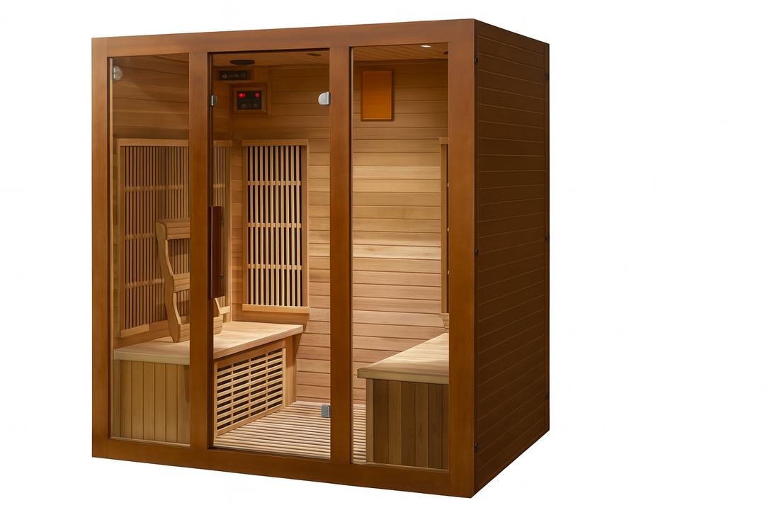 SunRay 4-person infrared sauna with wooden exterior and glass front door for home relaxation
