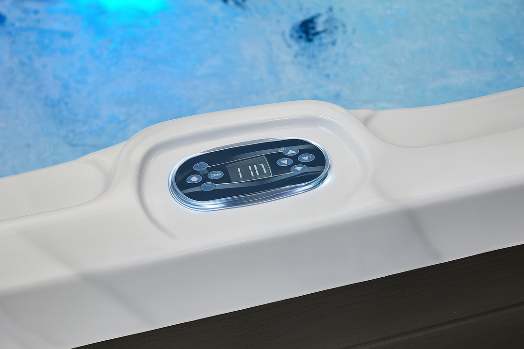 Control panel on a premium outdoor hot tub by Luxury Spa with blue water jets active