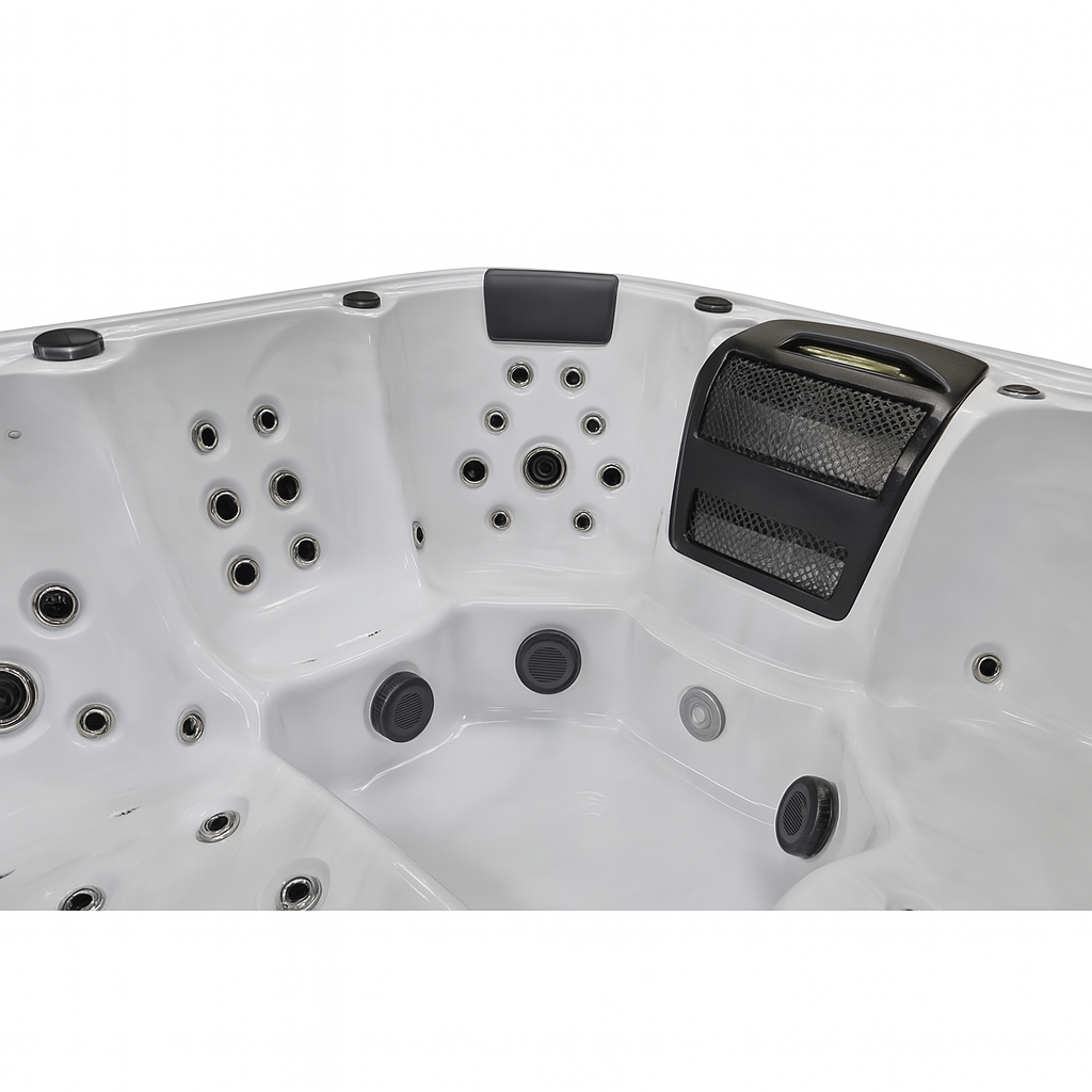 Luxury Spa premium outdoor hot tub interior showing multiple jets and cushioned headrest