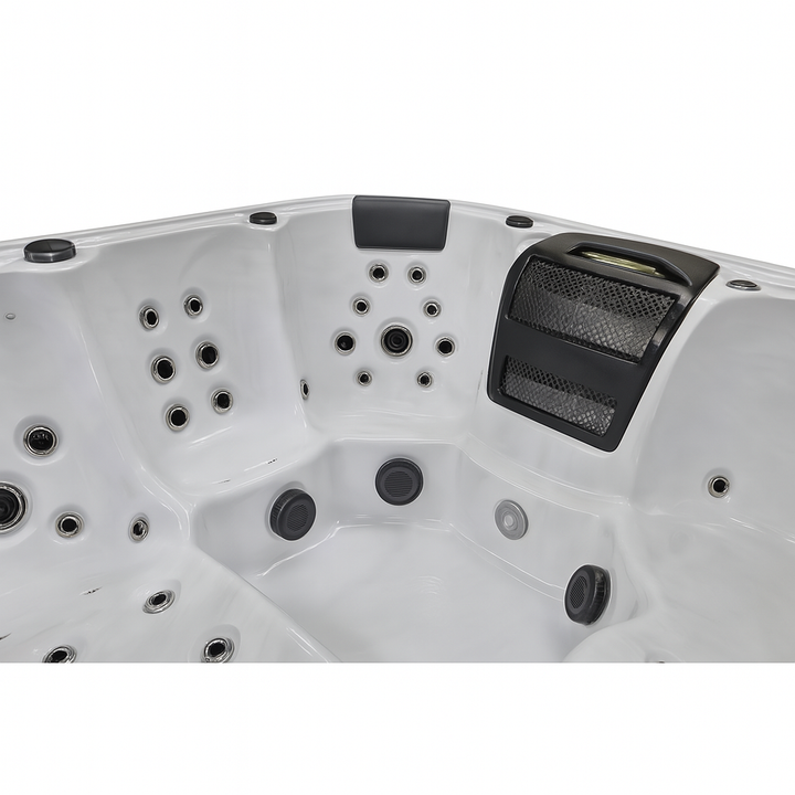 Luxury Spa premium outdoor hot tub interior showing multiple jets and cushioned headrest