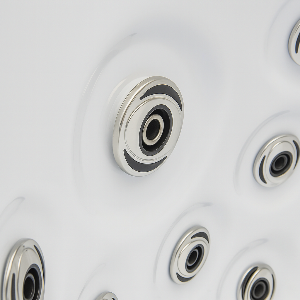 Close-up of massage jets in a Luxury Spa Regal Studio Series hot tub with stainless steel finishes