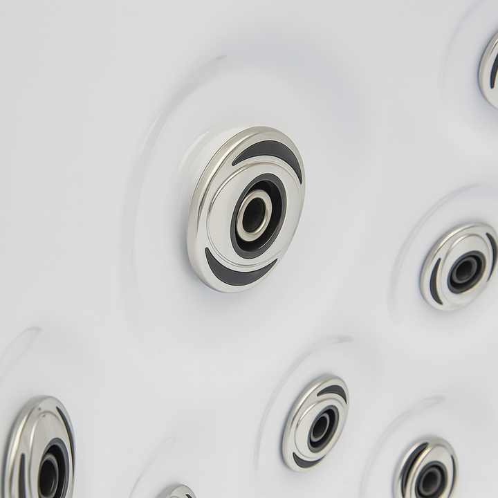 Close-up of massage jets in a Luxury Spa Regal Studio Series hot tub with stainless steel finishes