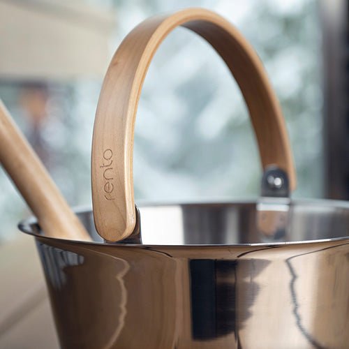 Rento Harri Koskinen sauna bucket in polished steel with wooden handle for a sleek sauna experience