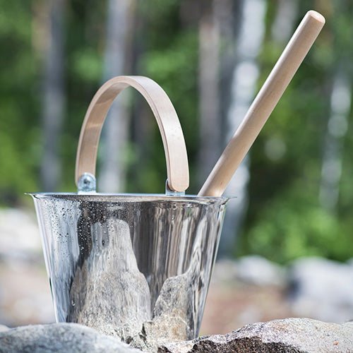 Rento Harri Koskinen sauna bucket made of stainless steel with a wooden handle for sauna enthusiasts