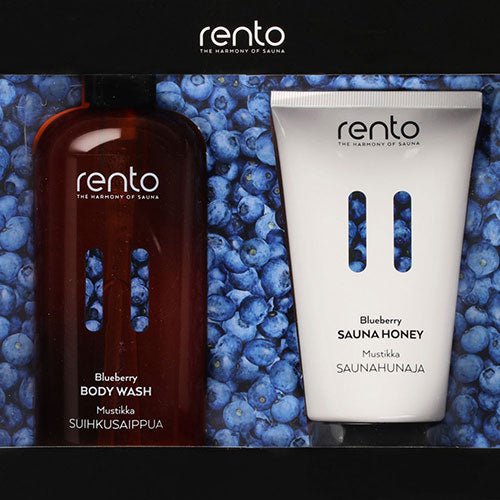 Rento luxury body gift set featuring blueberry body wash and sauna honey in elegant packaging