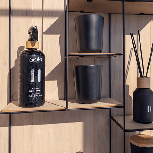 Rento luxury room scent for sauna displayed in elegant black spray bottle on wooden shelf