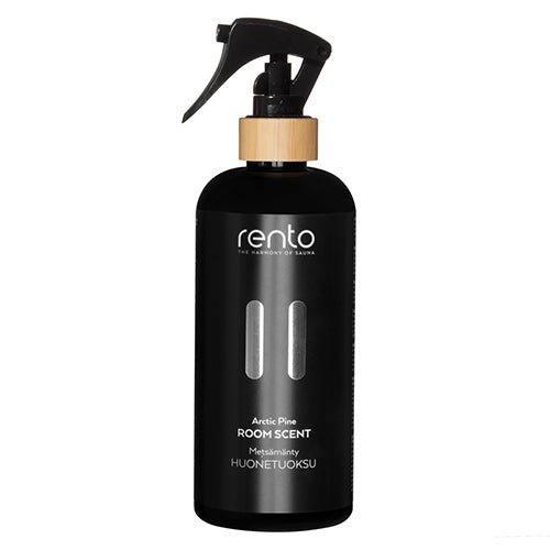 Rento Arctic Pine luxury room scent for sauna in a sleek black spray bottle