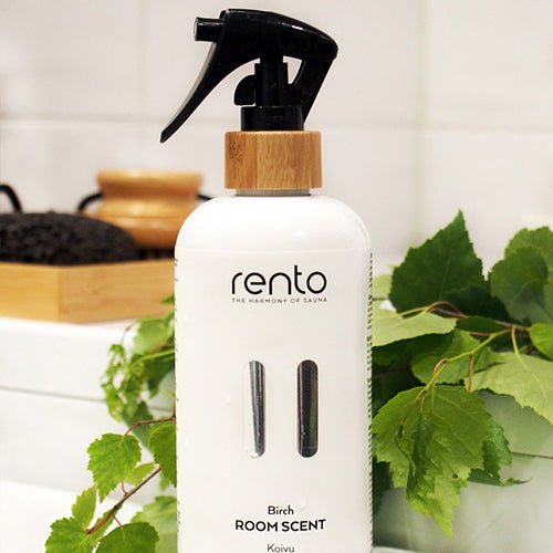 Rento Birch Luxury Room Scent for Sauna in a spray bottle with a bamboo cap for relaxing ambiance