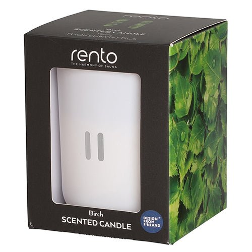 Rento luxury soy scented candle in Birch fragrance with elegant packaging for a calming atmosphere