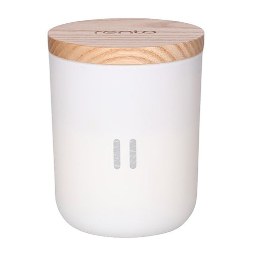 Rento luxury soy scented candle in a sleek white container with a wooden lid for a stylish ambiance