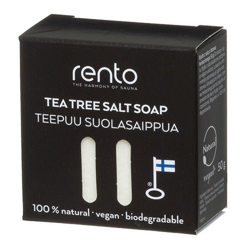 Rento Salt Soap bar in a biodegradable packaging made with tea tree for natural skincare