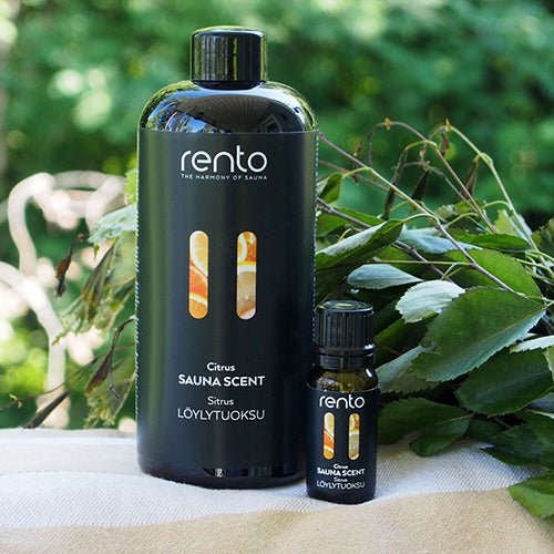 Rento sauna scent in two bottle sizes, ideal for enhancing your sauna experience with citrus aroma