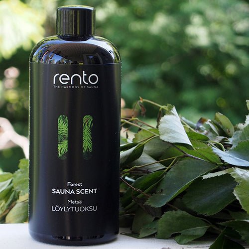 Rento sauna scent in a black bottle featuring a forest scent for enhancing sauna experiences