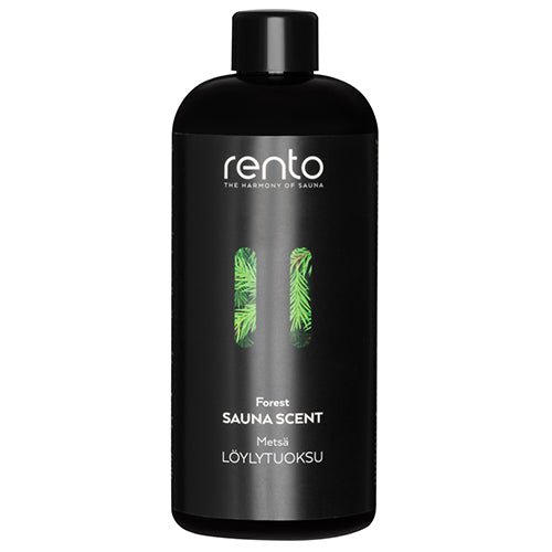 Rento sauna scent in a black bottle, featuring a forest scent for enhancing sauna experiences