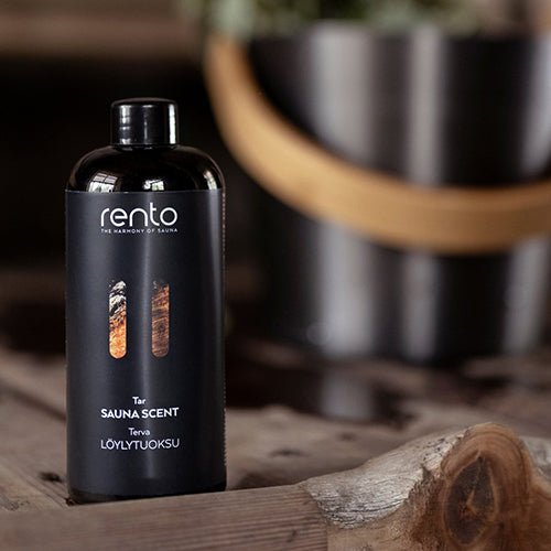 Rento sauna scent bottle in black featuring tar aroma for an authentic sauna experience