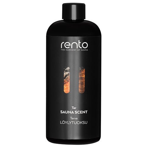 Rento sauna scent in a black bottle, ideal for enhancing sauna experiences with a refreshing aroma