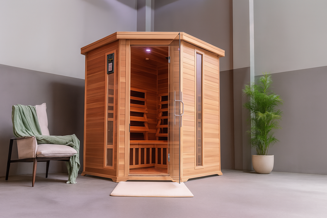 SunRay 4-person infrared sauna cabin with glass door in a modern room next to a chair and plant