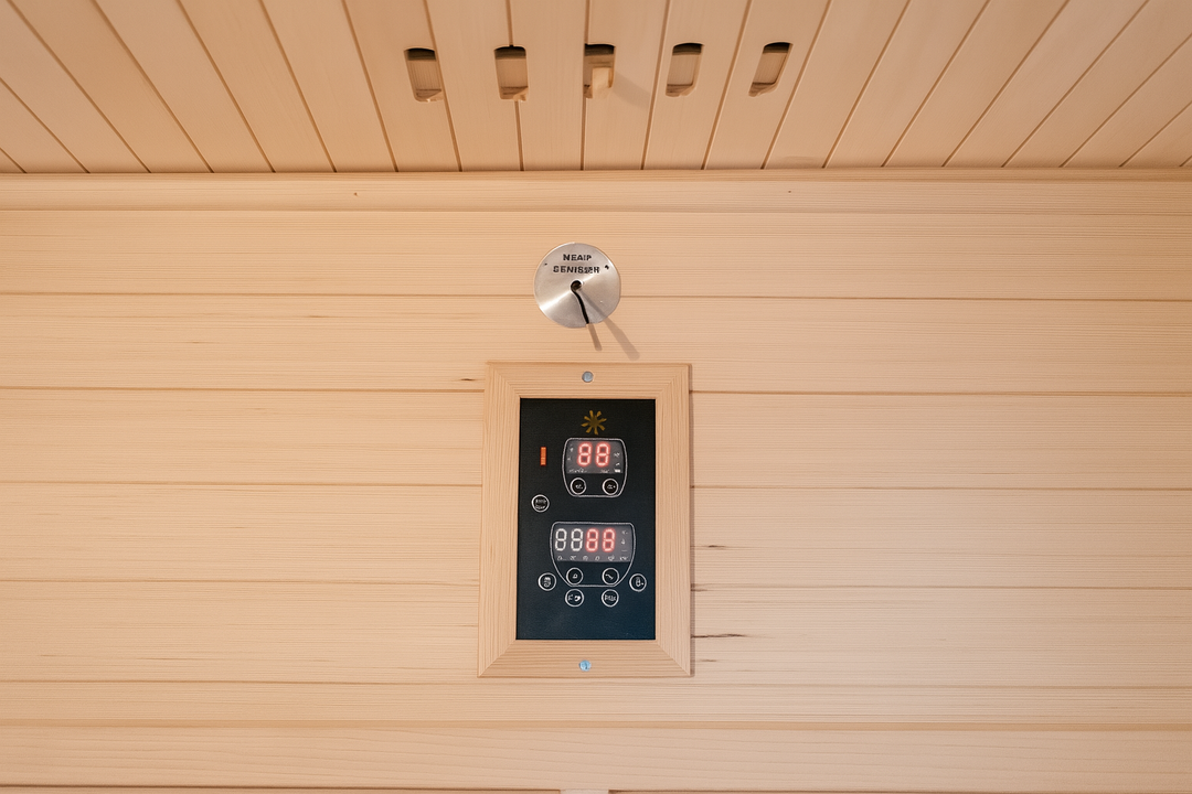 Control panel and thermometer inside SunRay 3-person traditional sauna with wooden interior