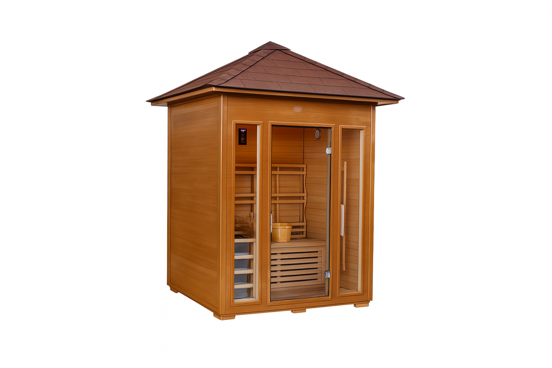 SunRay 3-person traditional sauna with wooden exterior and glass door for home relaxation