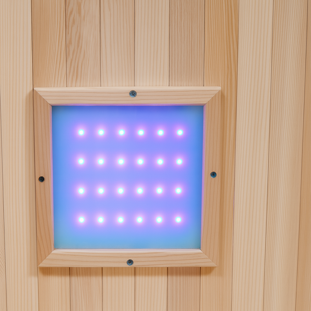 Blue LED light panel mounted on wooden wall inside SunRay 3-person traditional sauna
