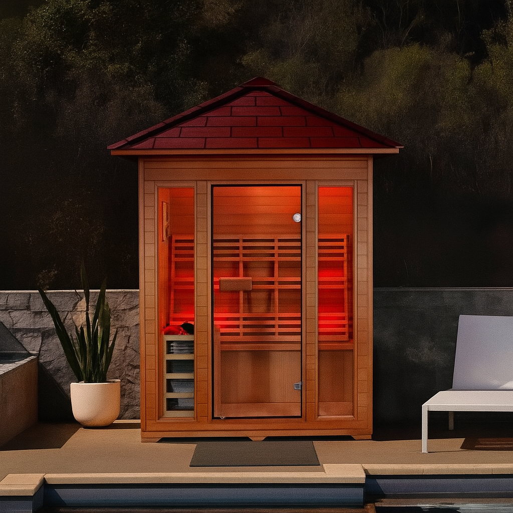 SunRay 3-person traditional sauna with wooden exterior and glass door near poolside seating
