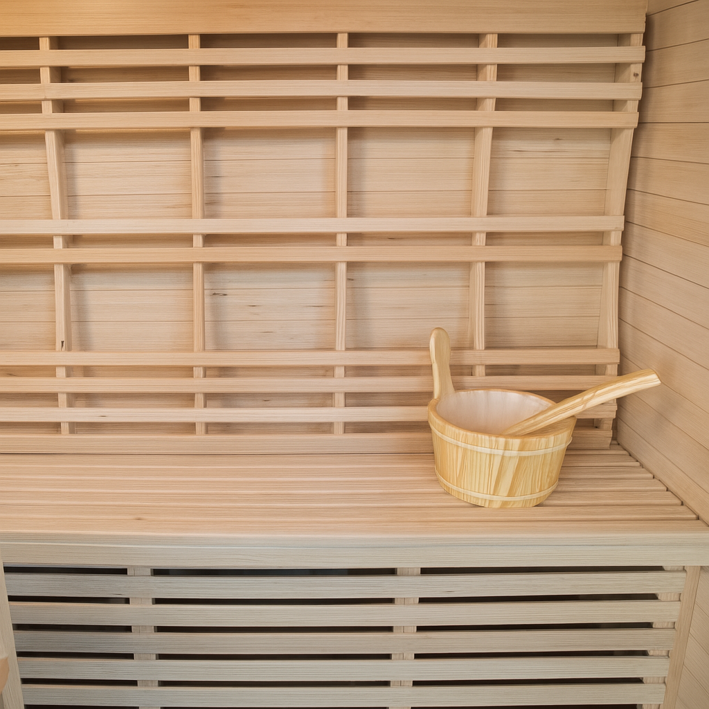 SunRay 3-person traditional sauna interior with wooden bench and sauna bucket with ladle