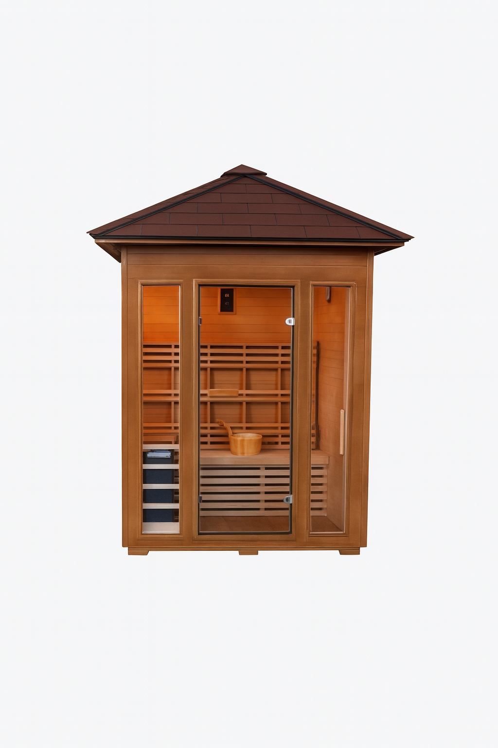 SunRay 3-person traditional sauna with wooden exterior and glass door showing interior benches and heater