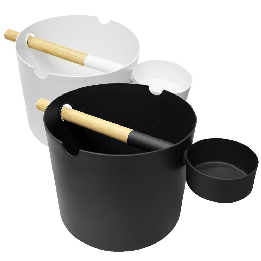 KOLO sauna bucket and ladle set in black and white with bamboo handles for a stylish sauna experience