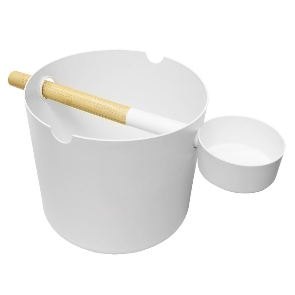 KOLO sauna bucket and ladle set in white with a bamboo handle for sauna enthusiasts