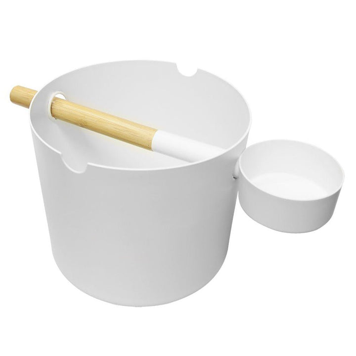 KOLO sauna bucket and ladle set in white with a bamboo handle for sauna enthusiasts