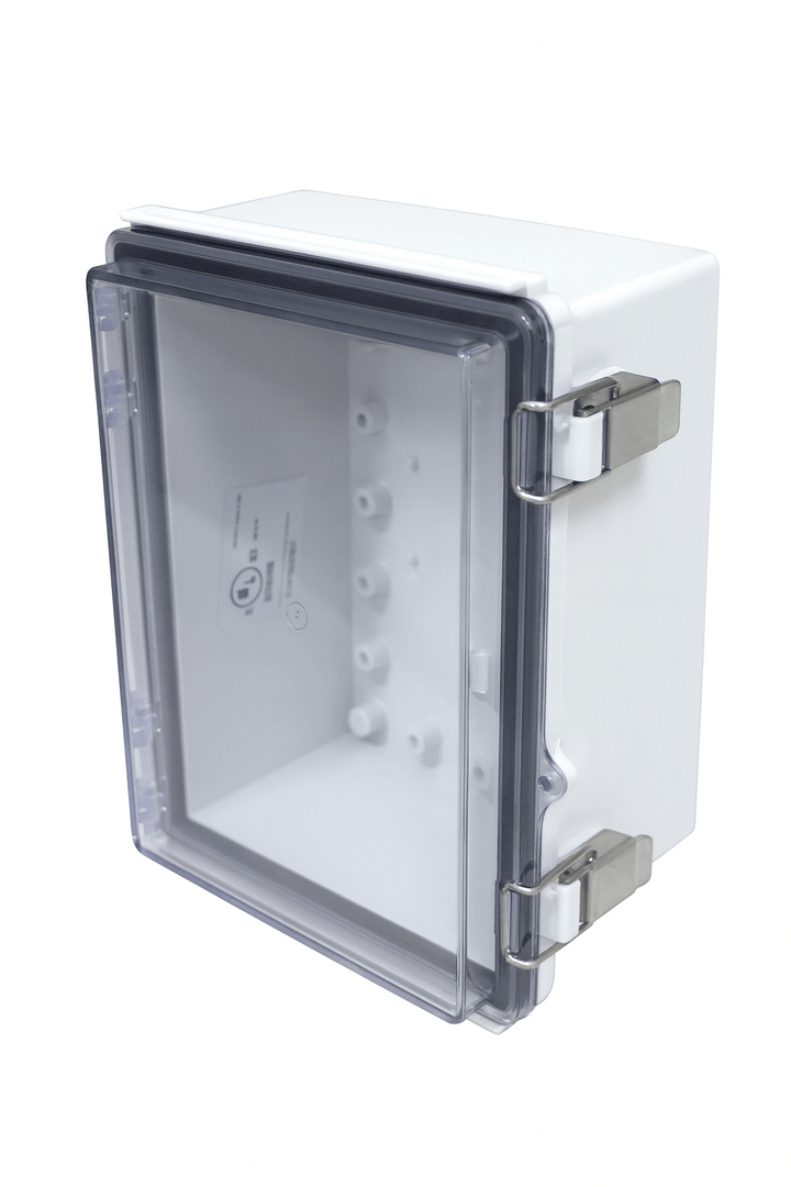 SaunaLife sauna control panel enclosure with a protective clear front and secure latches for durability