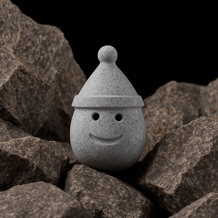 Hukka sauna elf stone decoration, a smiling stone figure set among textured rocks