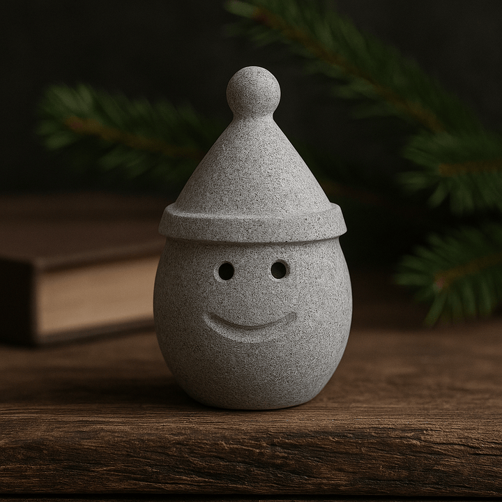 Hukka sauna elf stone decoration with a cheerful face and a whimsical hat for home decor