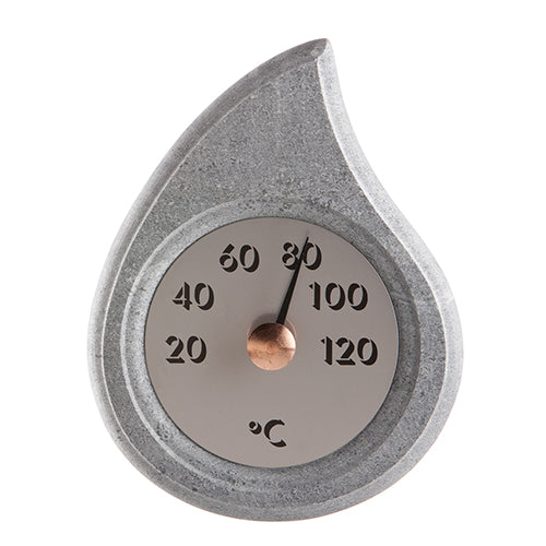 Hukka Finnish soapstone sauna accessory teardrop thermometer in gray with copper needle showing Celsius